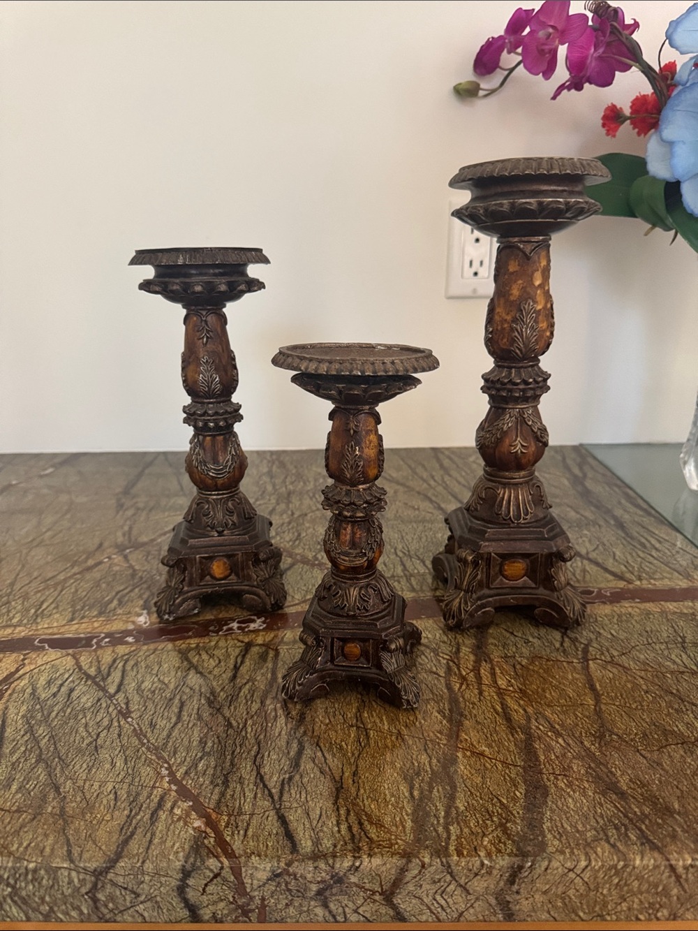Ornate Brown Decorative Candle Holder Trio